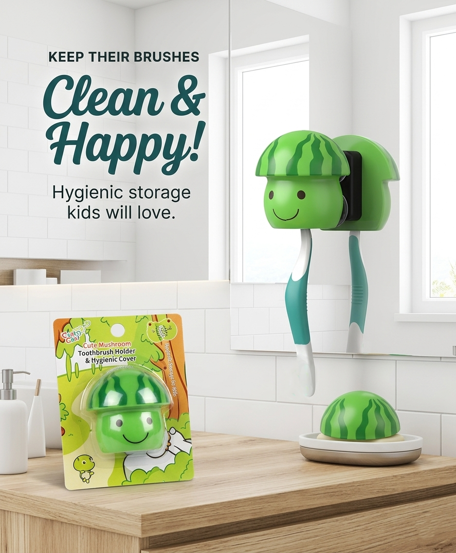 2 Pcs Green Mushroom Toothbrush Holder - Easy Lock/Unlock