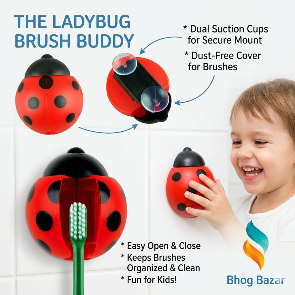 2 Pcs Ladybug Wall Mounted Toothbrush Holder- Easy Lock/Unlock -Black &Red